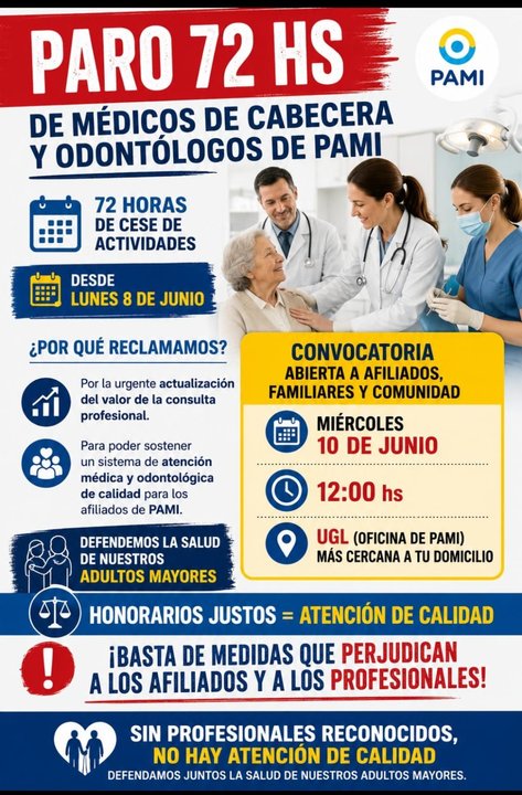 Médicos y odontólogos de PAMI inician paro de 72 horas por honorarios